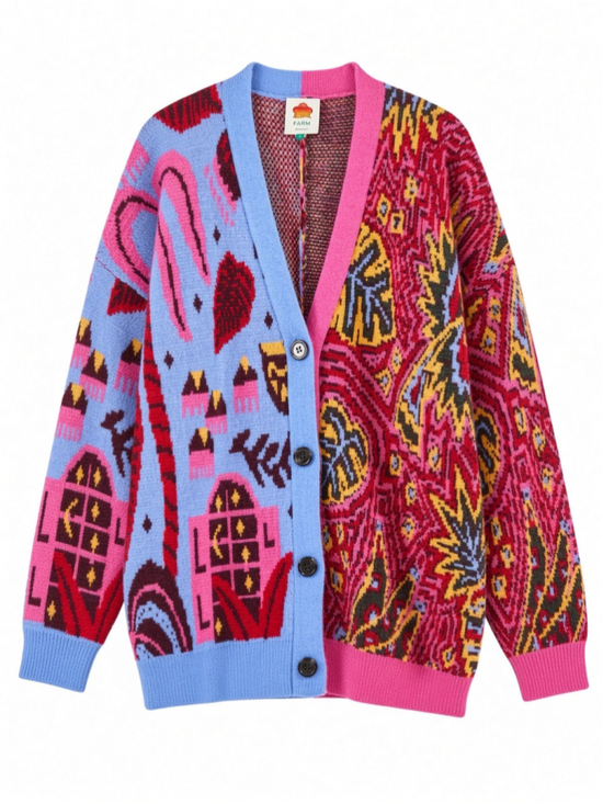 Farm Rio Sweaters - NWT Farm Rio Tropical Print Colorblock Cardigan Blue Pink Tropical Magic Size L